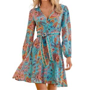 NWT Boston Proper Beach Turquoise Paisley Embellished Printed Wrap Dress Size S